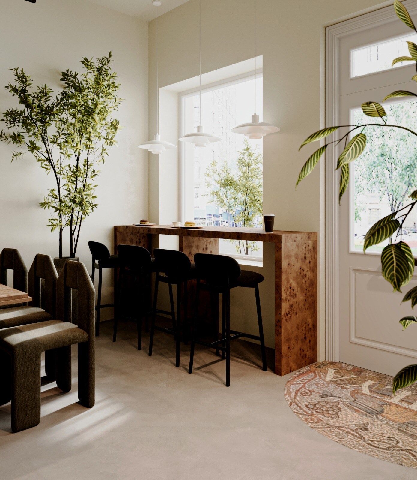Window seating in morning light, with tall plants and a mosaic rug at the entry