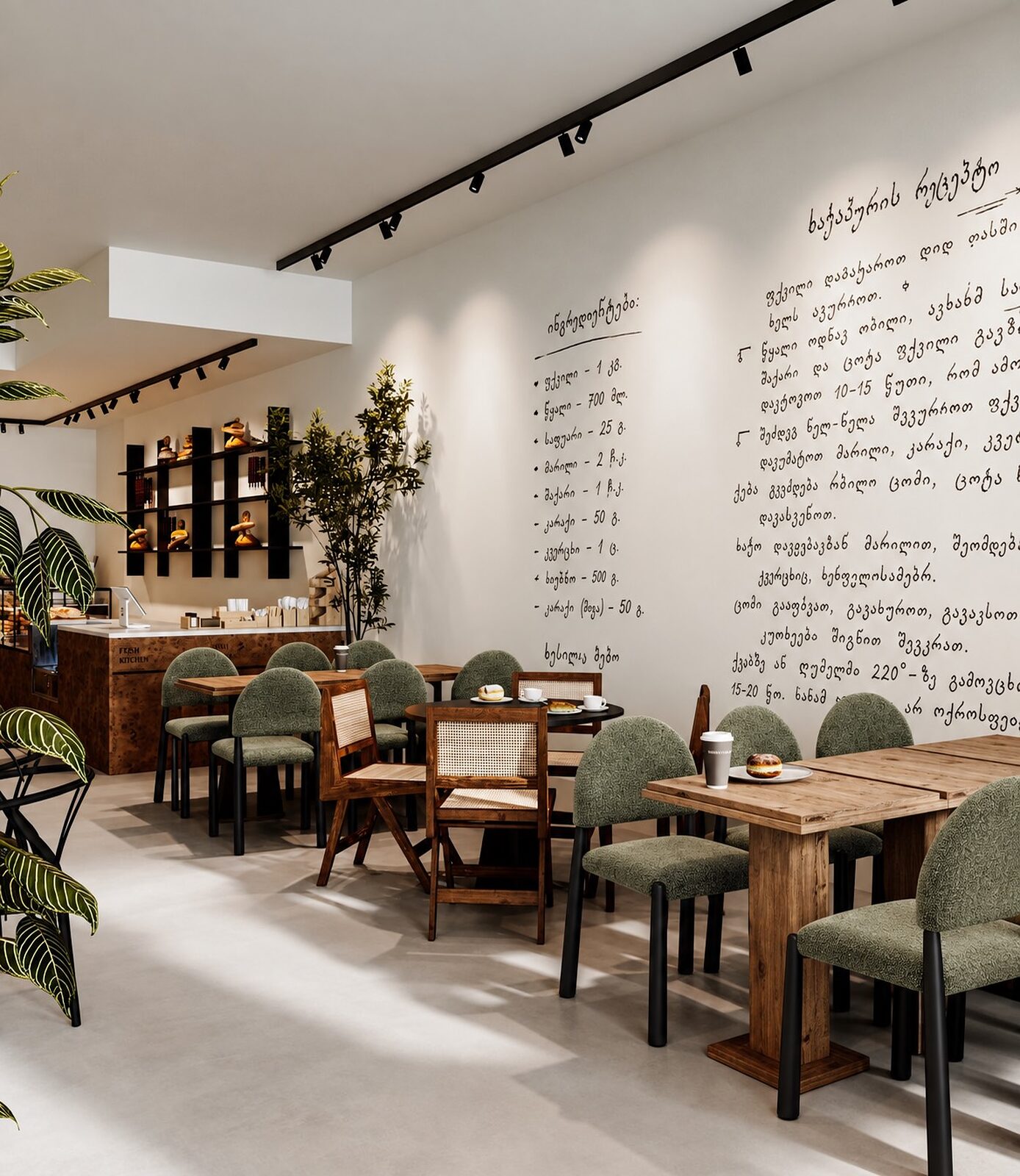 Café seating beneath a wall hand-written in Georgian — a family bread recipe, ingredient by ingredient