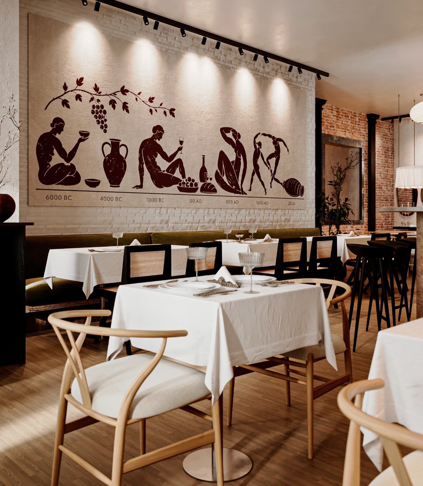 Sesilya’s dining room — white-clothed tables beneath a hand-painted mural tracing Georgian wine culture from 6000 BC