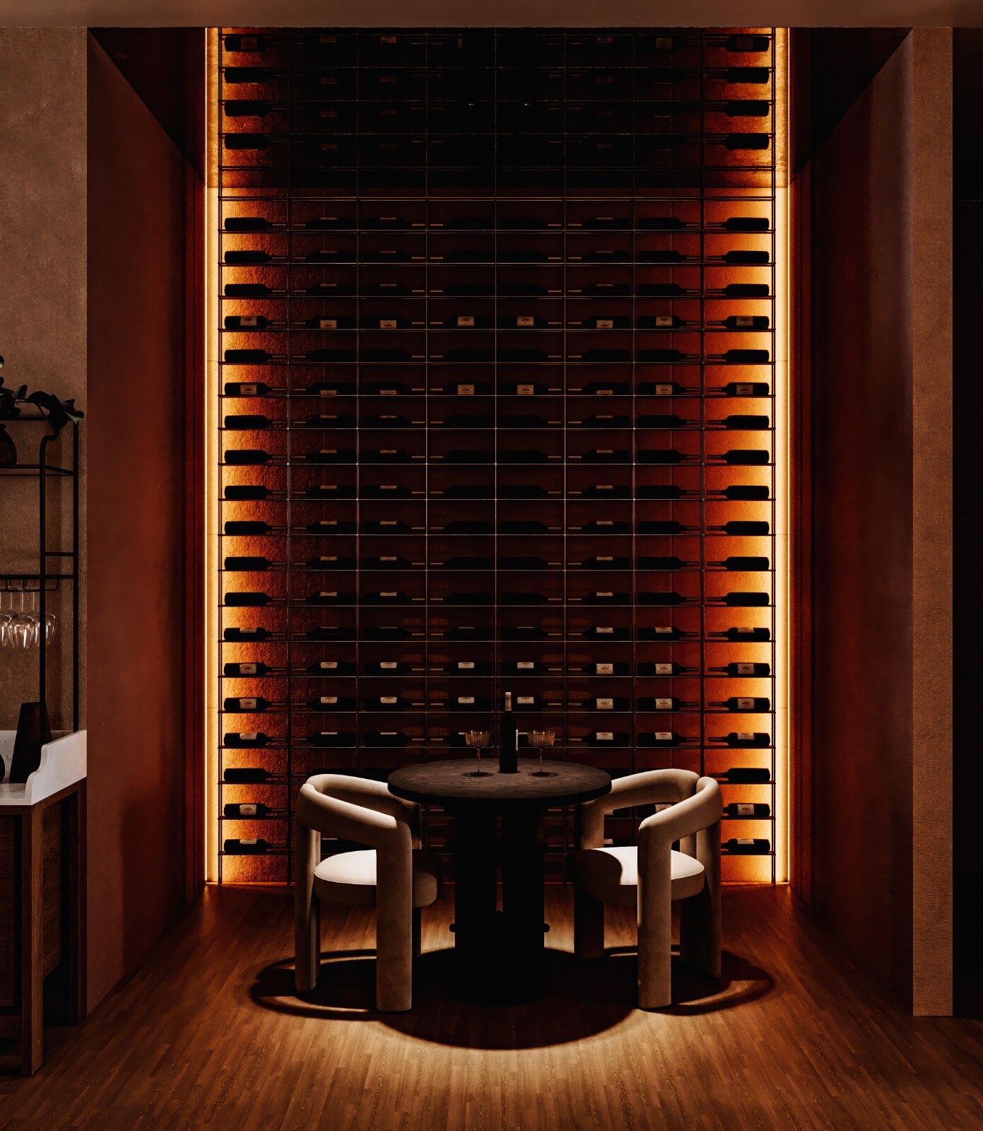 The wine room — a full-height backlit wine wall wrapping a single round table