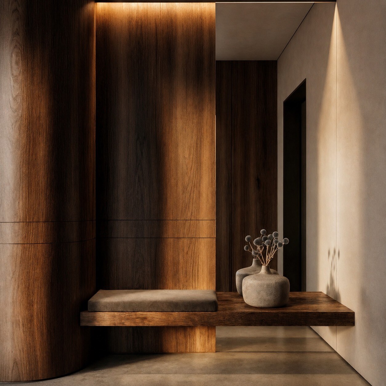 The entry — a floating oak bench and stone vessels against curved timber panelling, lit by a concealed warm light