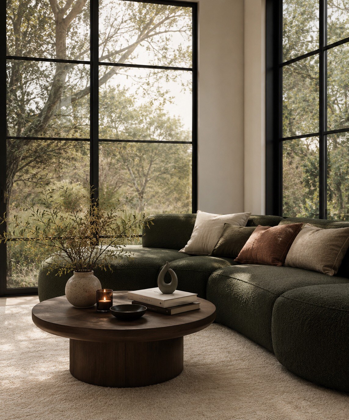 The living room — a curved olive bouclé sofa and a round oak table before steel-framed windows opening onto trees