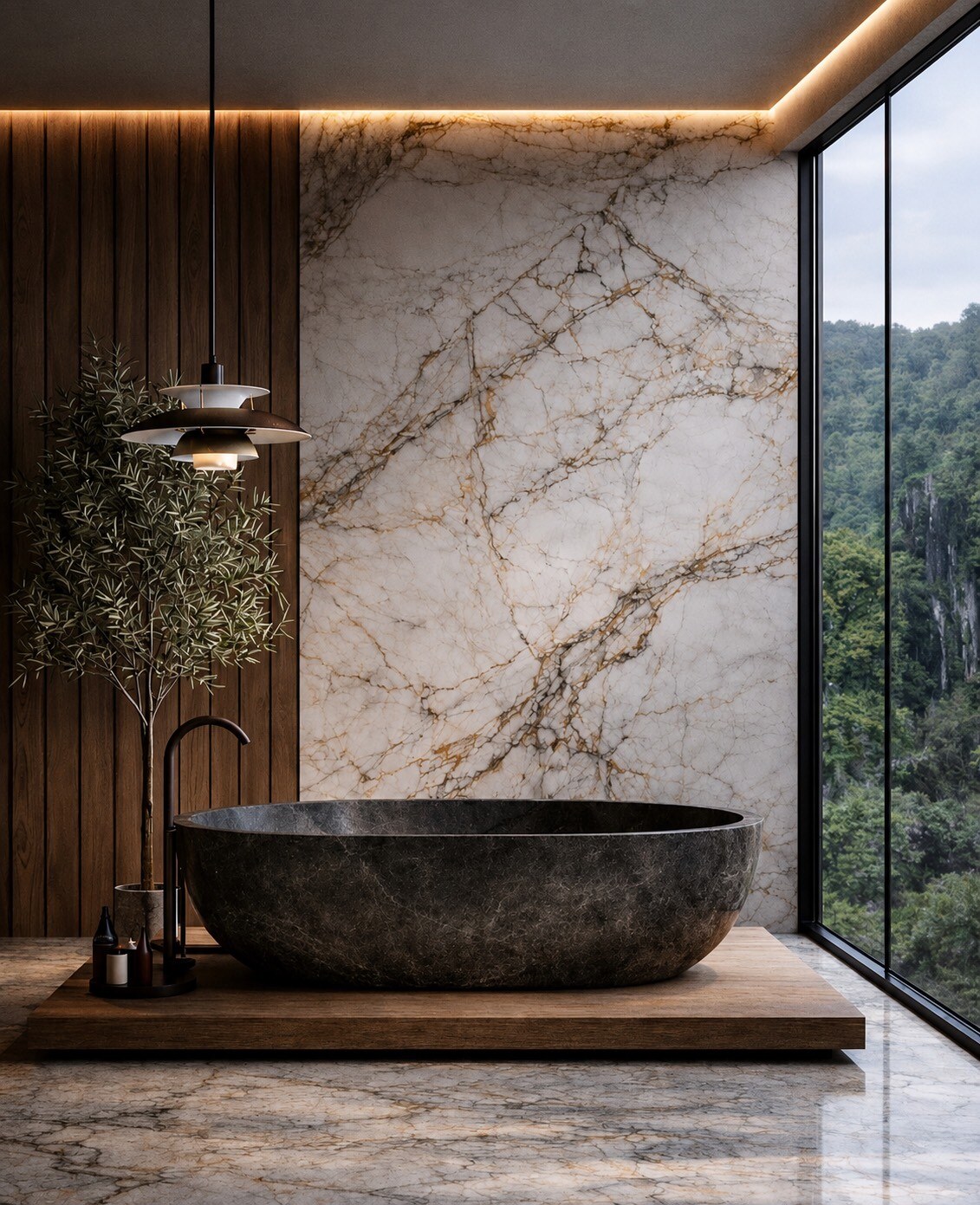 A carved dark-stone bath on a timber plinth, set against a gold-veined marble wall and a full-height window opening onto forested hills