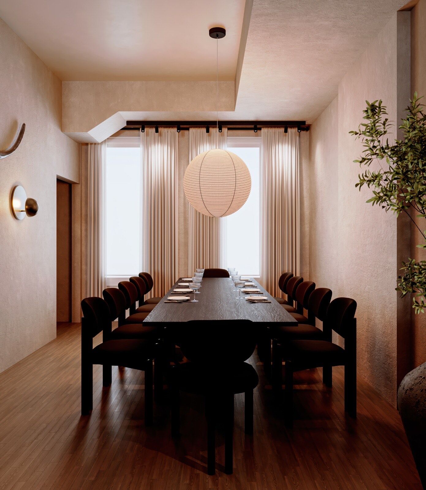 The private dining room — a long dark table set for the supra, lit by a paper lantern