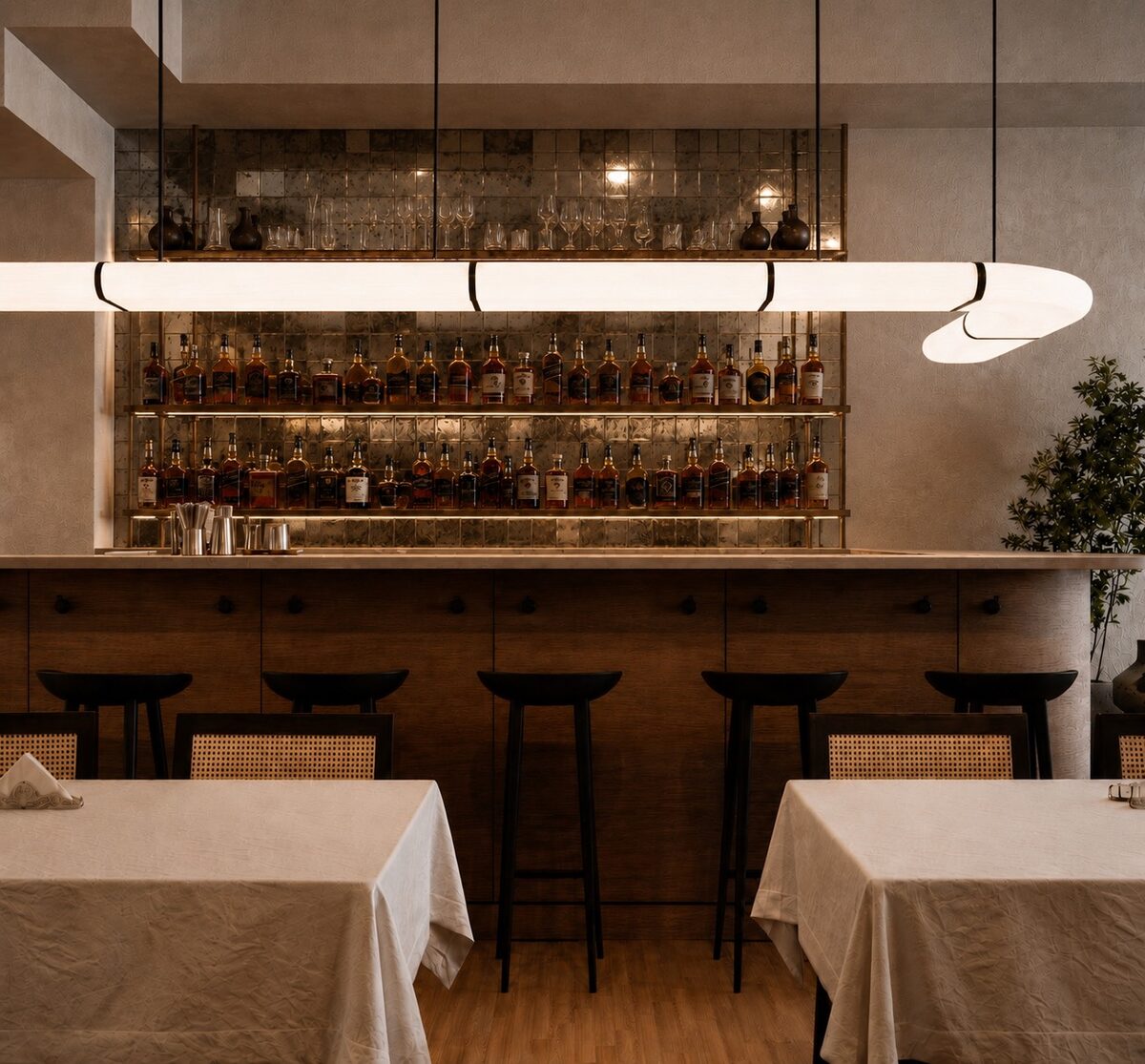 Close detail of the bar counter, its stools and the bottle shelves behind