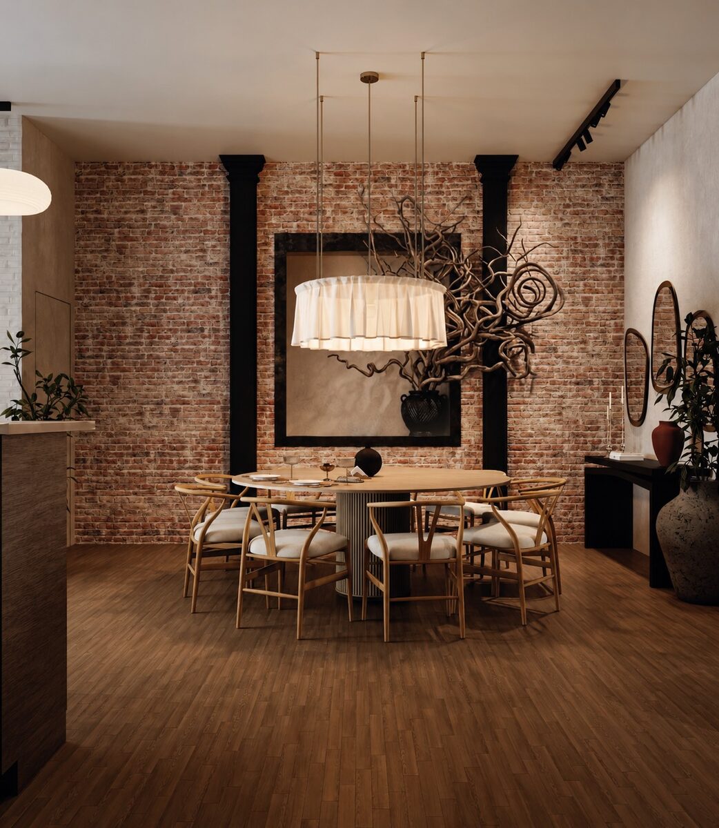 A round table beneath a pleated pendant, with a branching sculpture and framed artwork on exposed brick
