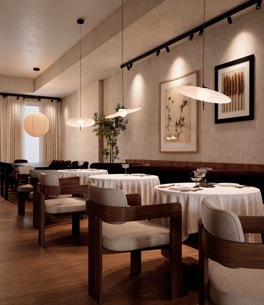 Linen-laid tables under disc pendants, framed botanical artwork along the plaster wall