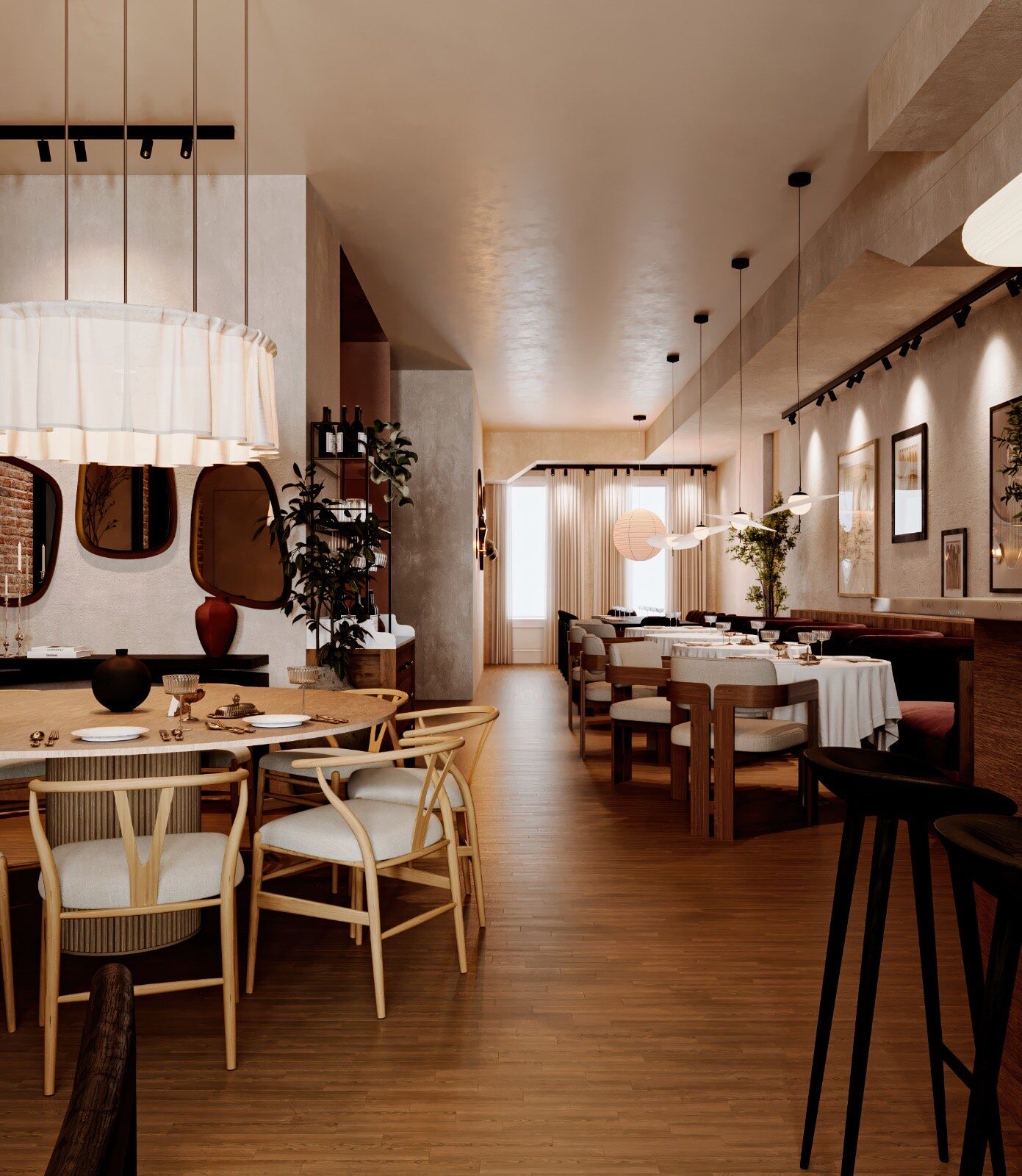 The long dining room at Sesilya in Park Slope under paper lanterns, looking toward the back of the restaurant