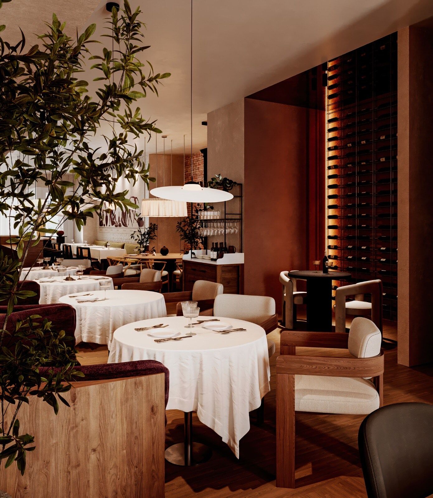Sesilya's dining room — white-clothed tables among olive trees, with the backlit wine display glowing beyond