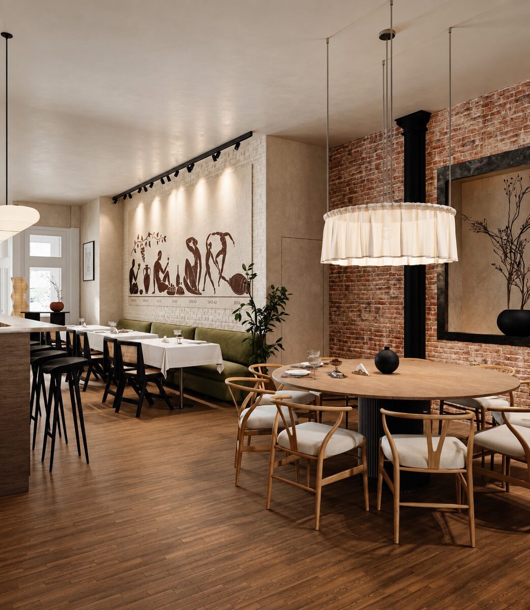 A round oak table and wishbone chairs beneath a pleated pendant, the figure mural on the wall beyond
