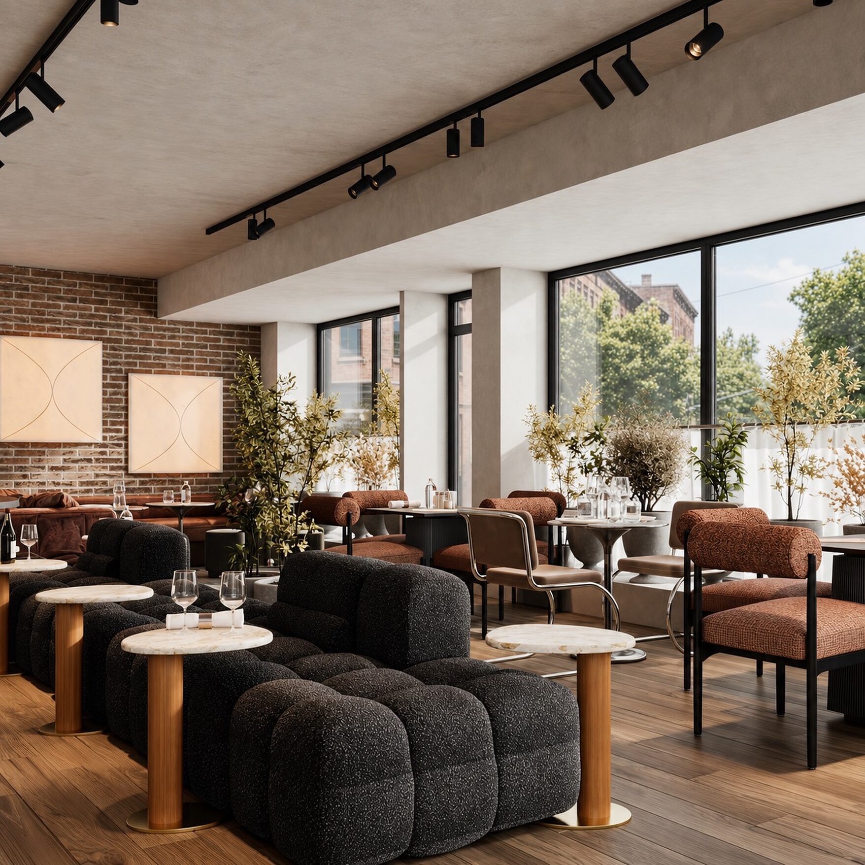 The length of the room under a black track-lighting system, with bouclé seating, leather chairs and full-height glazing onto the street