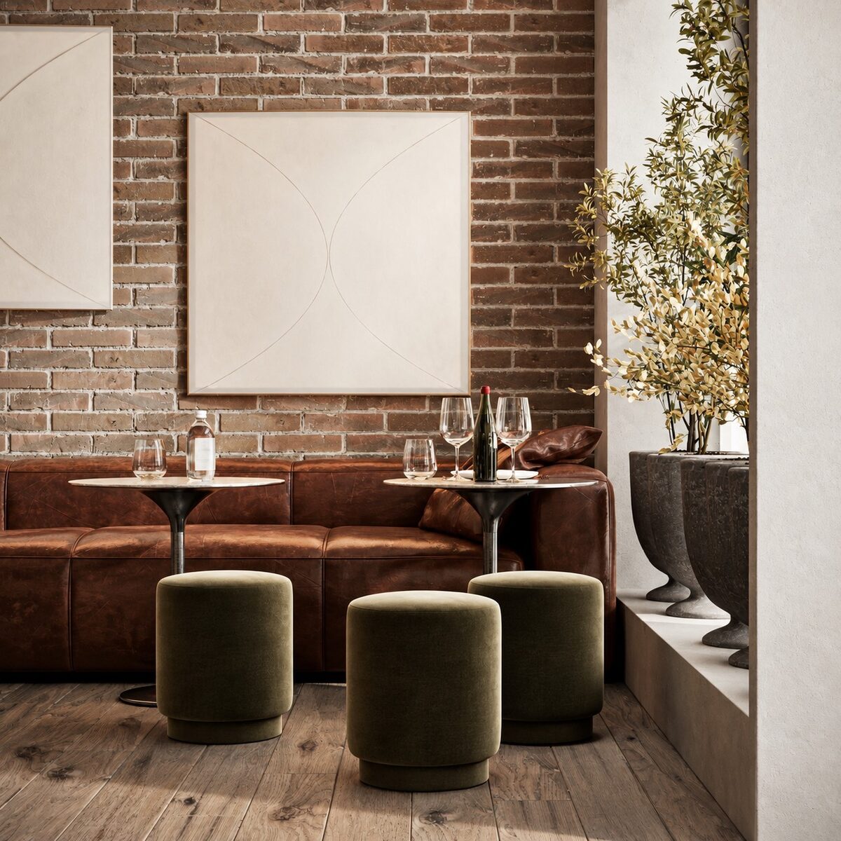 A single large artwork on brick above the banquette, with planters flanking the seating