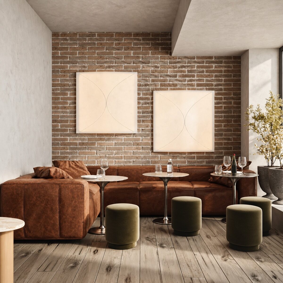 Cognac leather banquettes and olive poufs beneath two backlit artworks on exposed brick