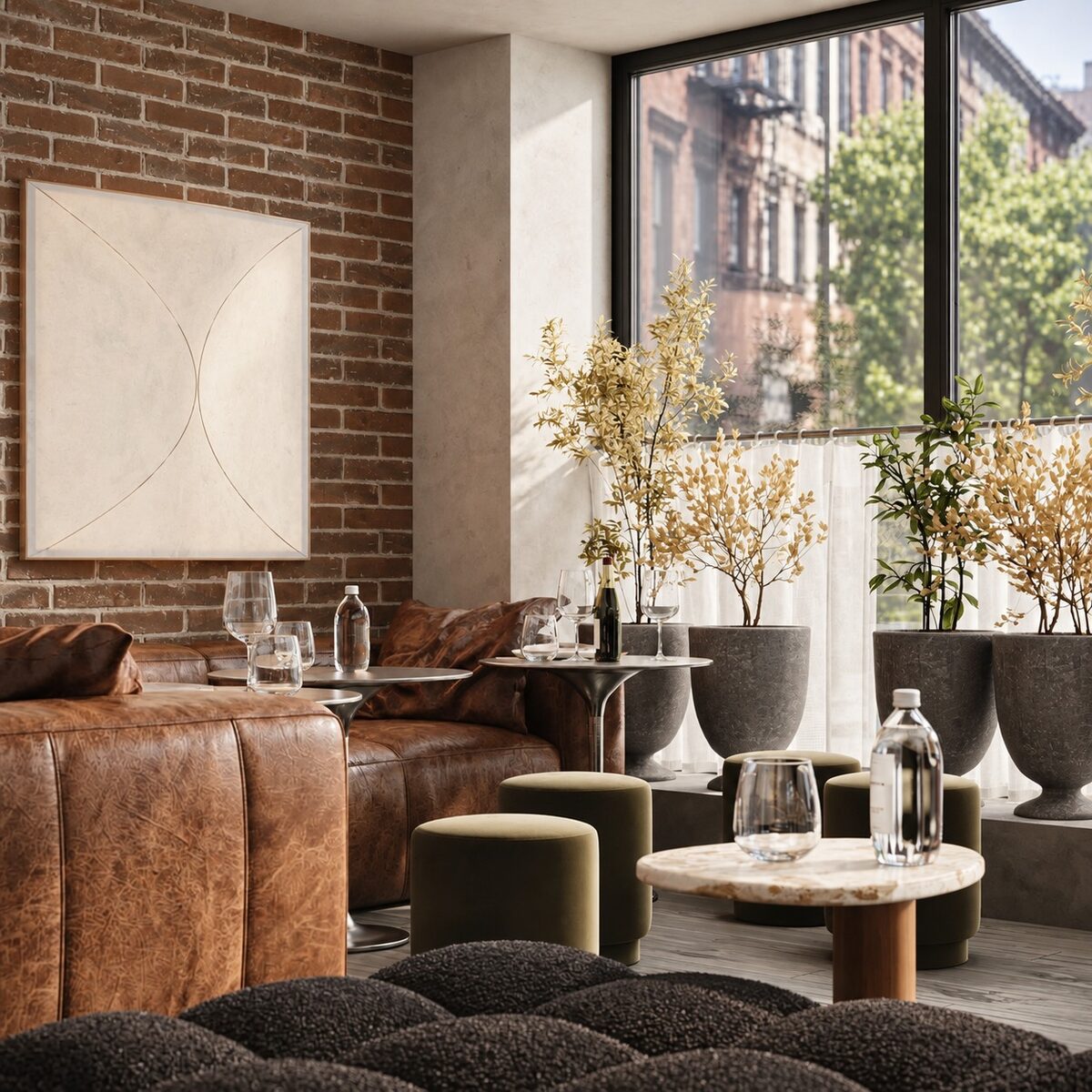 A leather banquette framed by planting, with the artwork wall behind and daylight from the windows