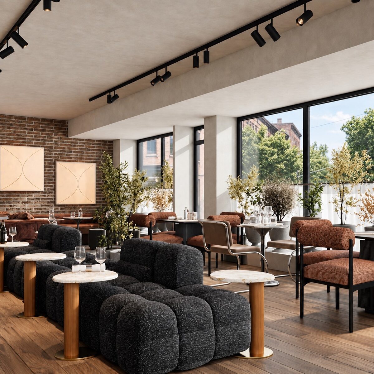 The full length of the room, track lighting overhead and glazing along the street side