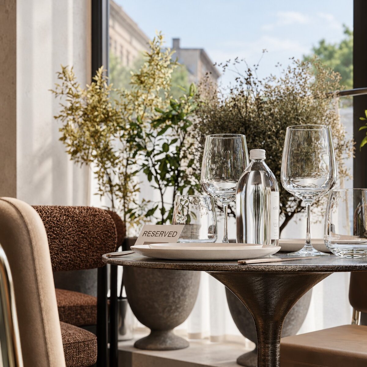 A reserved table set with wine glasses, screened by greenery at the window