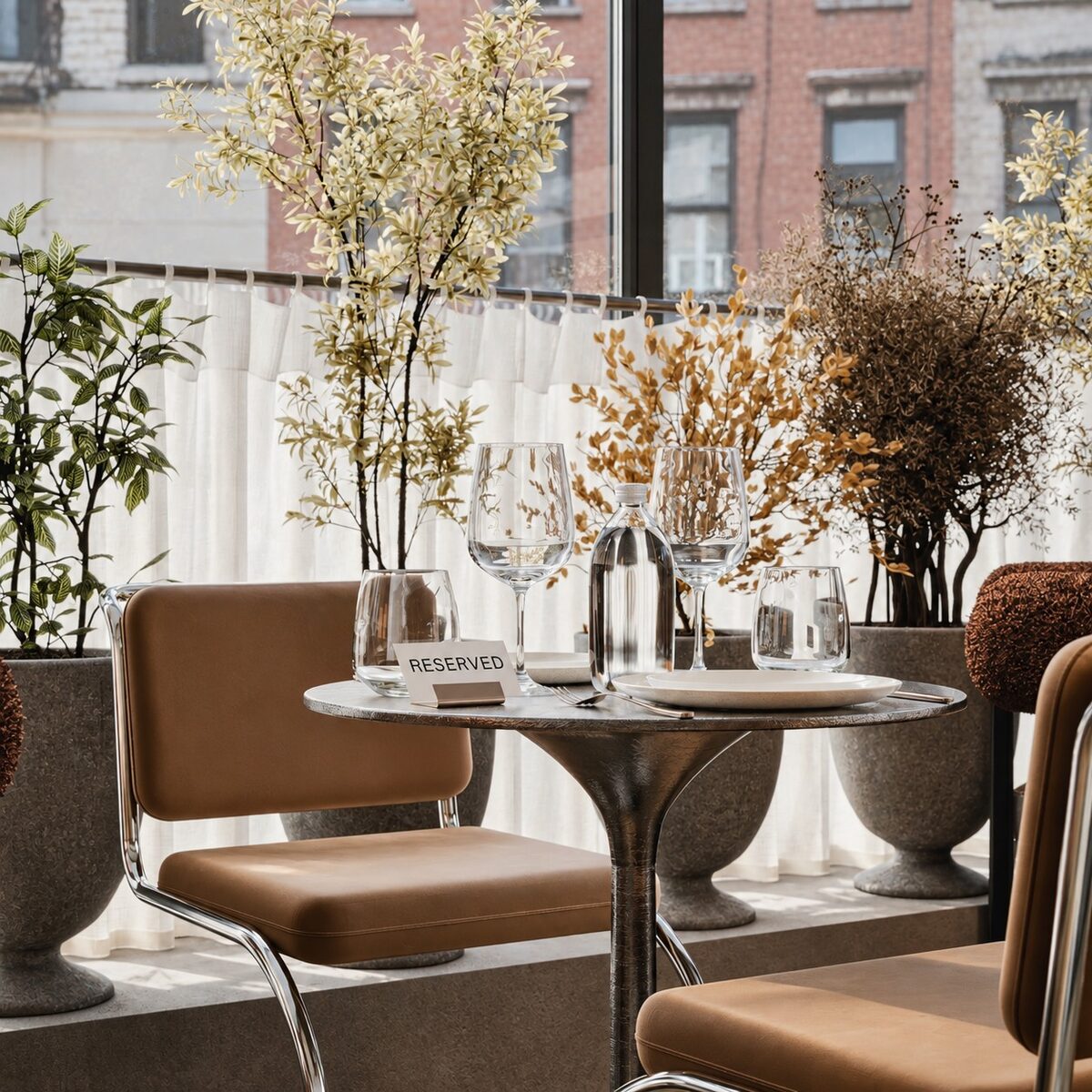 A reserved table with tan leather chairs, looking out to the brick buildings opposite